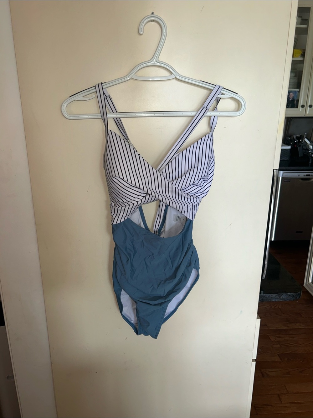 Women’s Cutout One Piece Swimsuit Blue & White Striped Wrap Front Size Small
